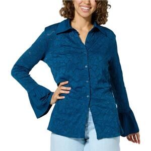 C Wonder Lace Bell Sleeve Button Front Stretch Top Womens Size 1X Boho Romantic